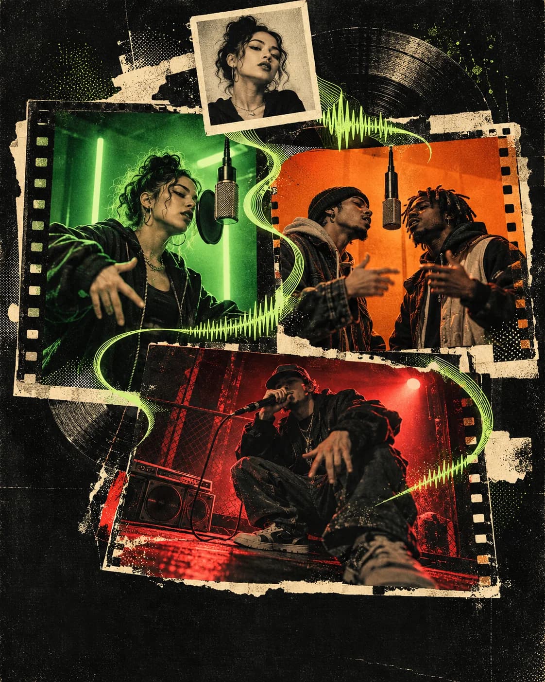 Editorial collage of a portrait flowing into solo, duo, and street freestyle rap performances